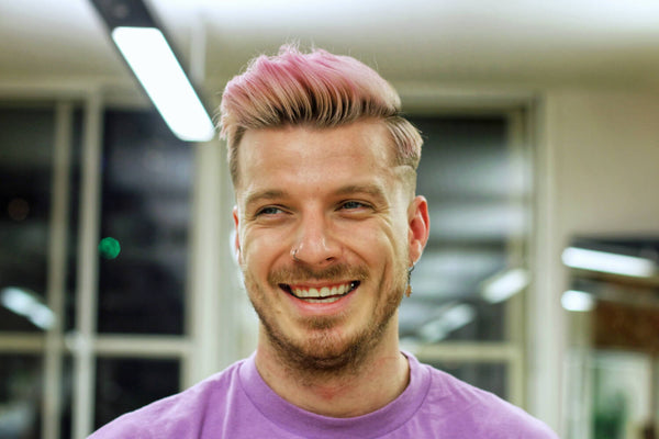Pink Dyed Skin Fade Side Part Haircut With Razored "Surgical Line"